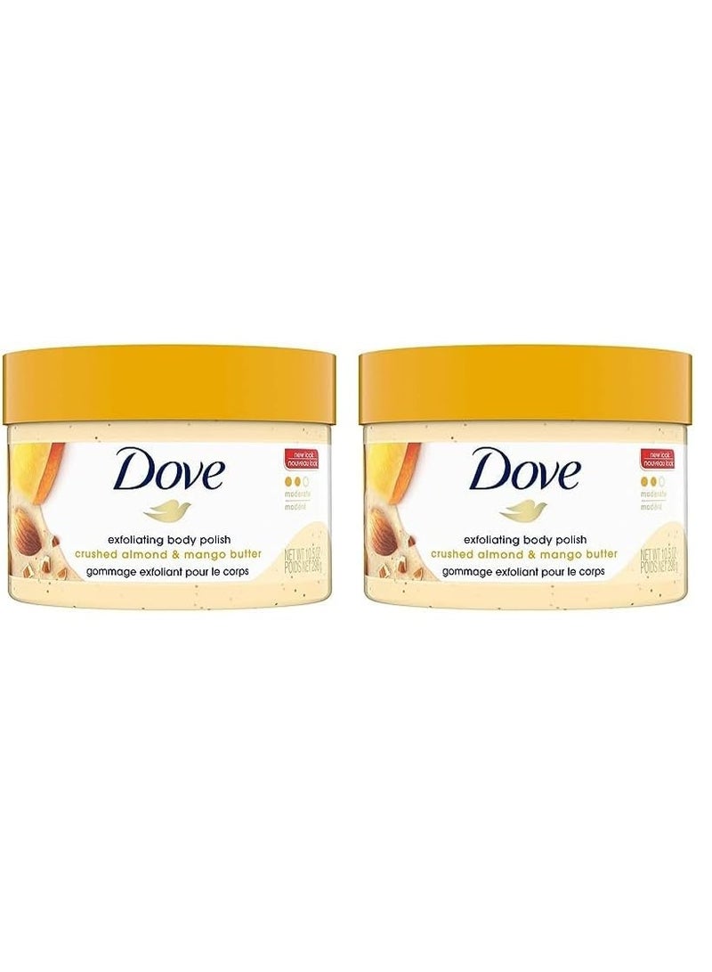 Dove Exfoliating Body Polish Scrub for Dry Skin with Crushed Almond and Mango Butter, Gently Exfoliates and Moisturizes to Reveal Instantly Soft, Smooth & Healthy Skin, Naturally Derived Ingredients, Sulfate-Free, Fruity Scent, 298g pack of 2 - Image 1